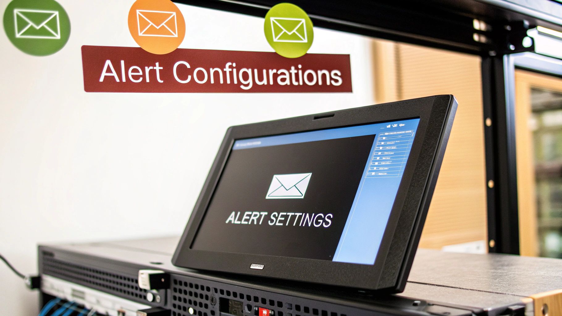 A monitor sitting on a rack server showing an alert settings page, with email icons above it, captioned Alert Configurations