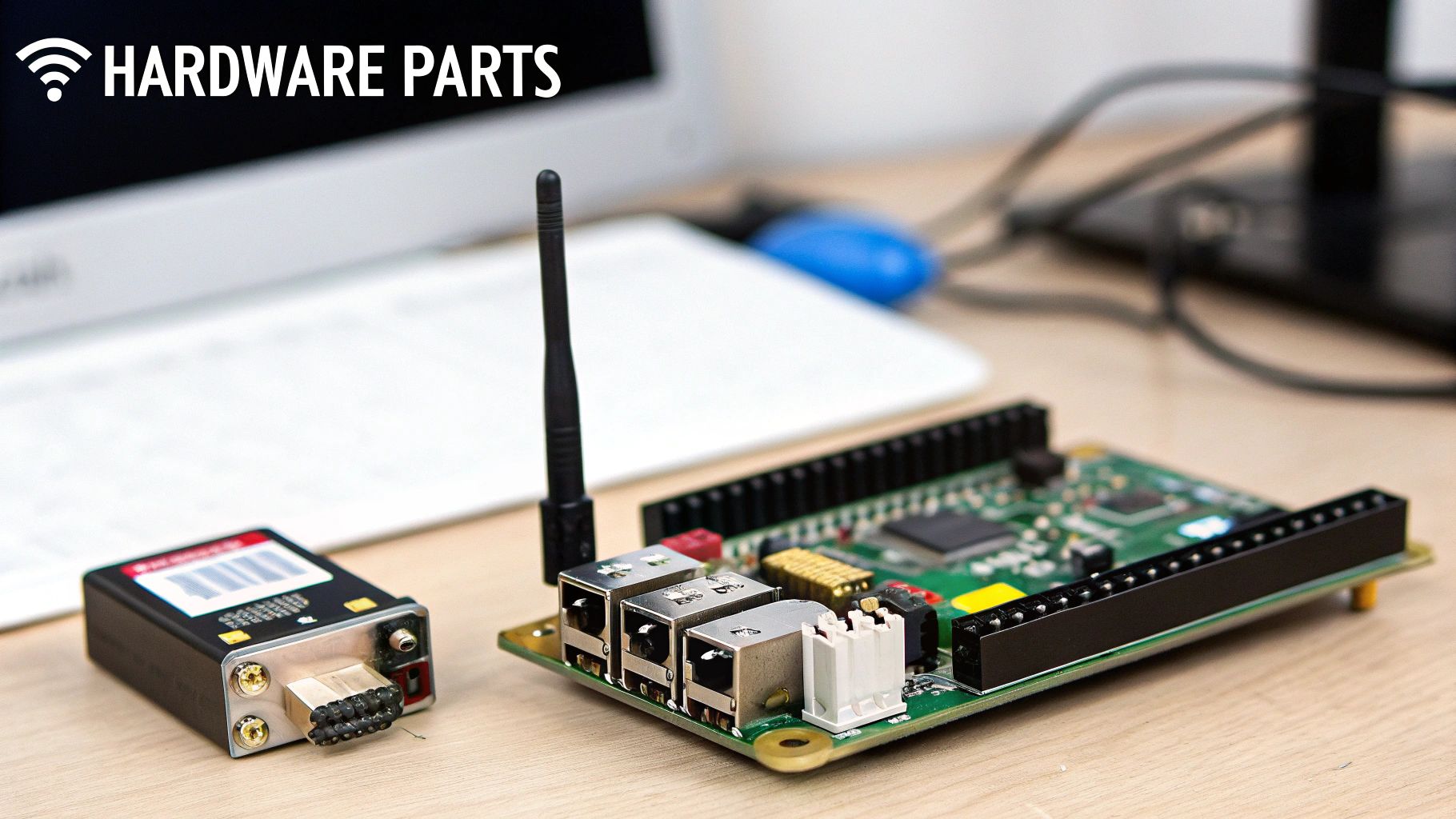 A Raspberry Pi board with a stub aerial next to a small metal module on a desk, captioned Hardware Parts
