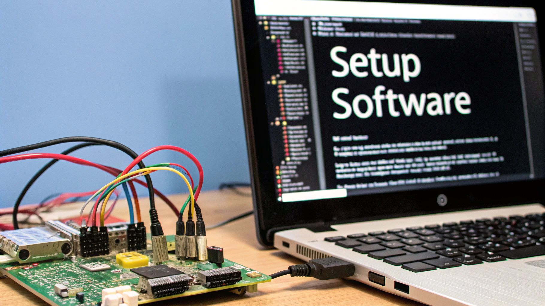 A circuit board wired with jumper leads and plugged into a laptop running a terminal, captioned Setup Software