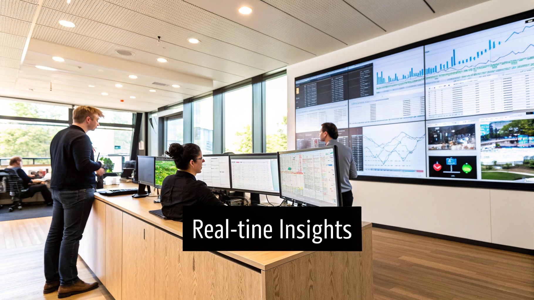 A modern smart home dashboard showing various real-time data visualizations like charts and gauges.