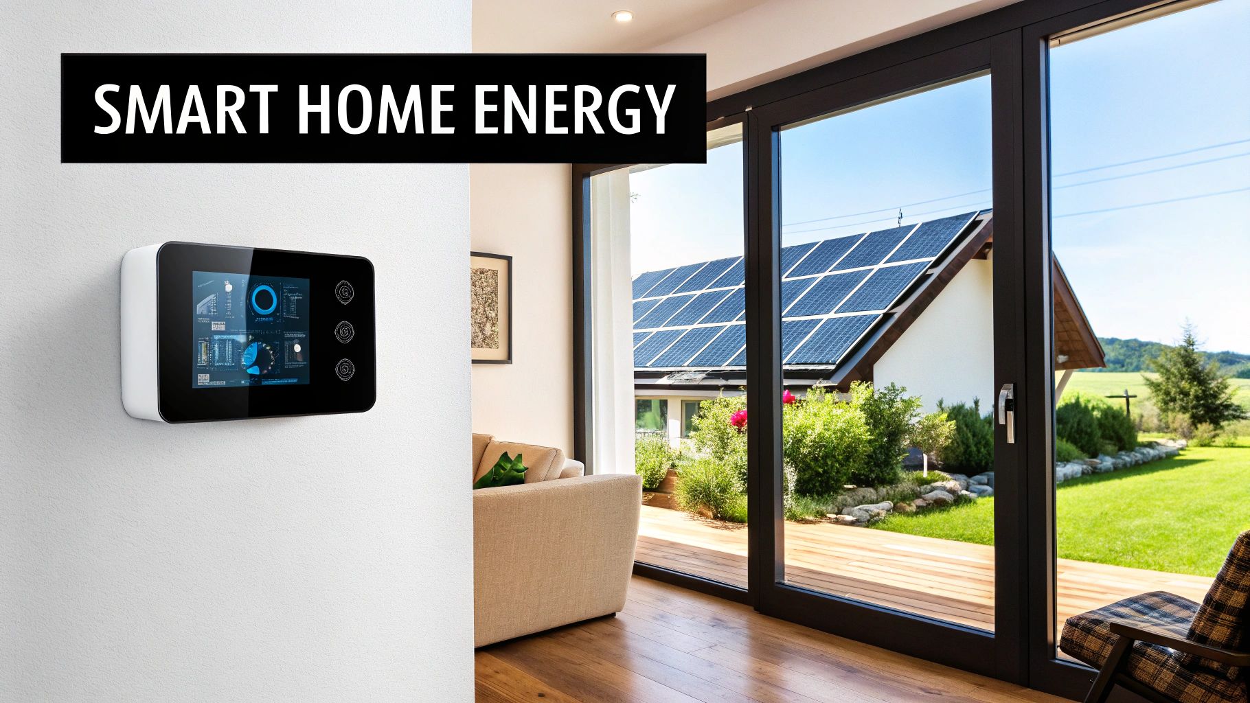 A wall-mounted energy display in a living room, with solar panels on the roof visible through the garden doors, captioned Smart Home Energy