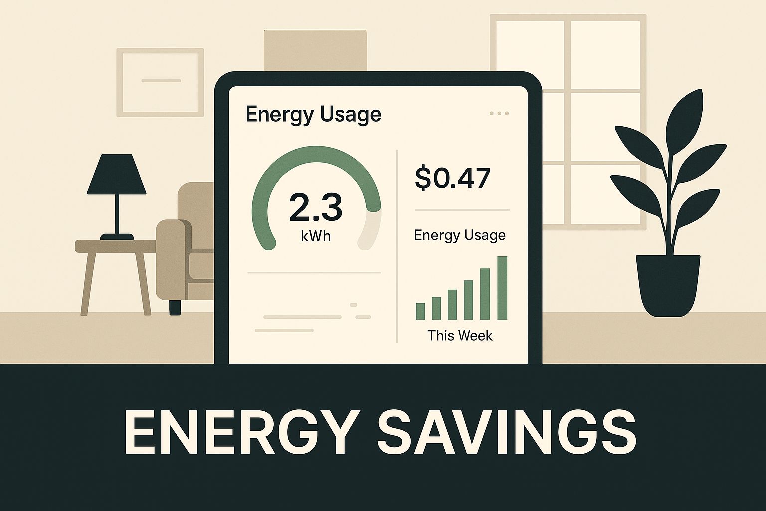 An illustrated energy dashboard showing 2.3 kWh used and 47 cents spent, with a weekly usage bar chart, captioned Energy Savings