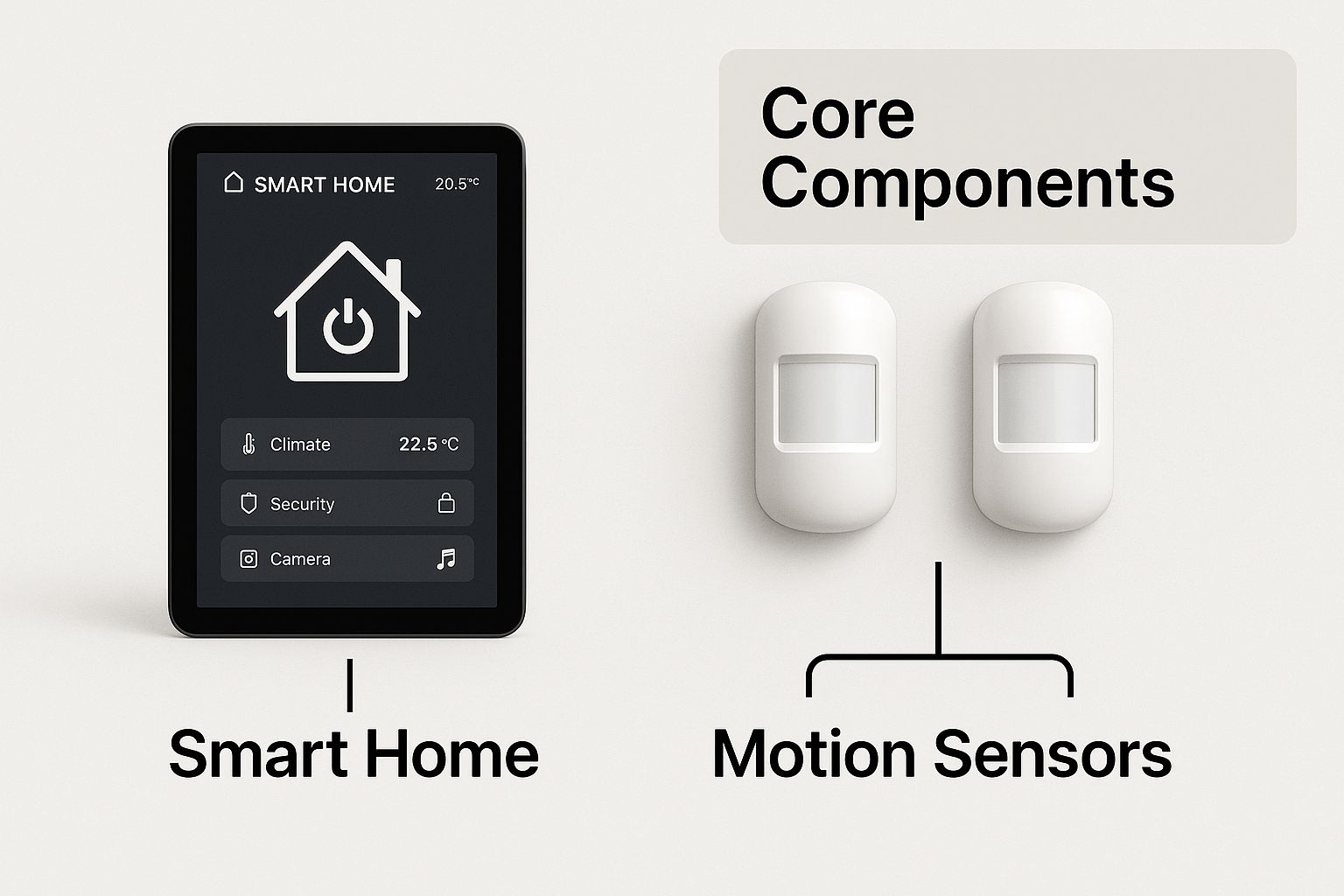 Diagram of the core components: a smart home touchscreen beside a pair of motion sensors