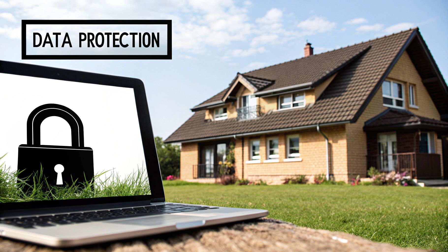 A laptop showing a padlock on screen, set on a lawn in front of a house, captioned Data Protection