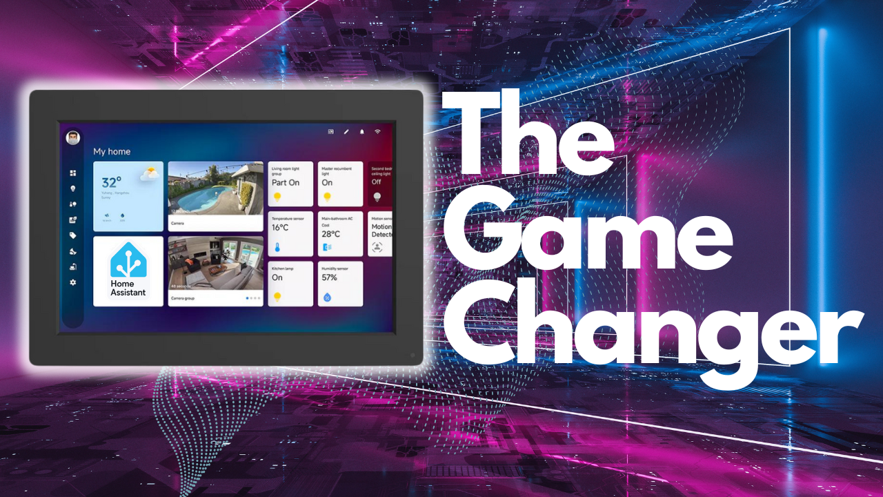 YouTube thumbnail for the LinknLink ISG review: a touchscreen panel running a Home Assistant dashboard against a neon background, captioned The Game Changer