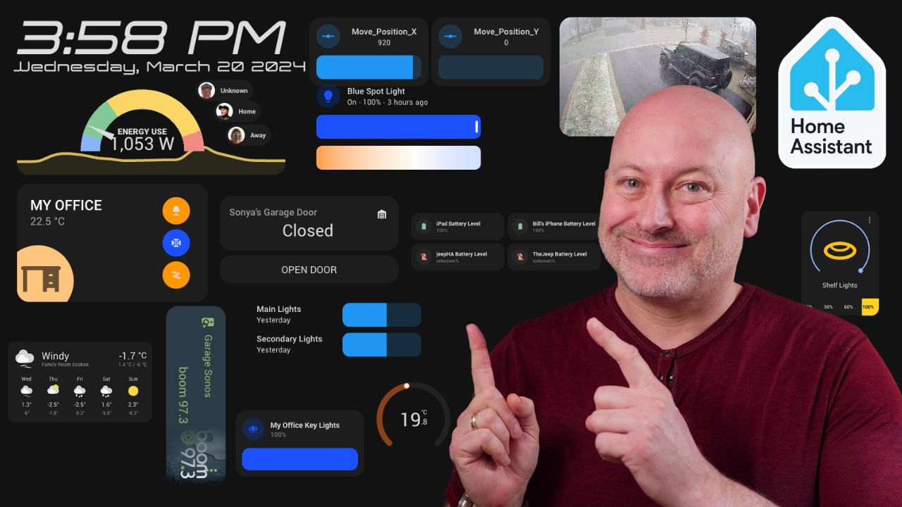 YouTube thumbnail showing a Home Assistant dashboard of overlapping cards — energy use, garage door, weather, room temperature and lighting — with the presenter pointing at it