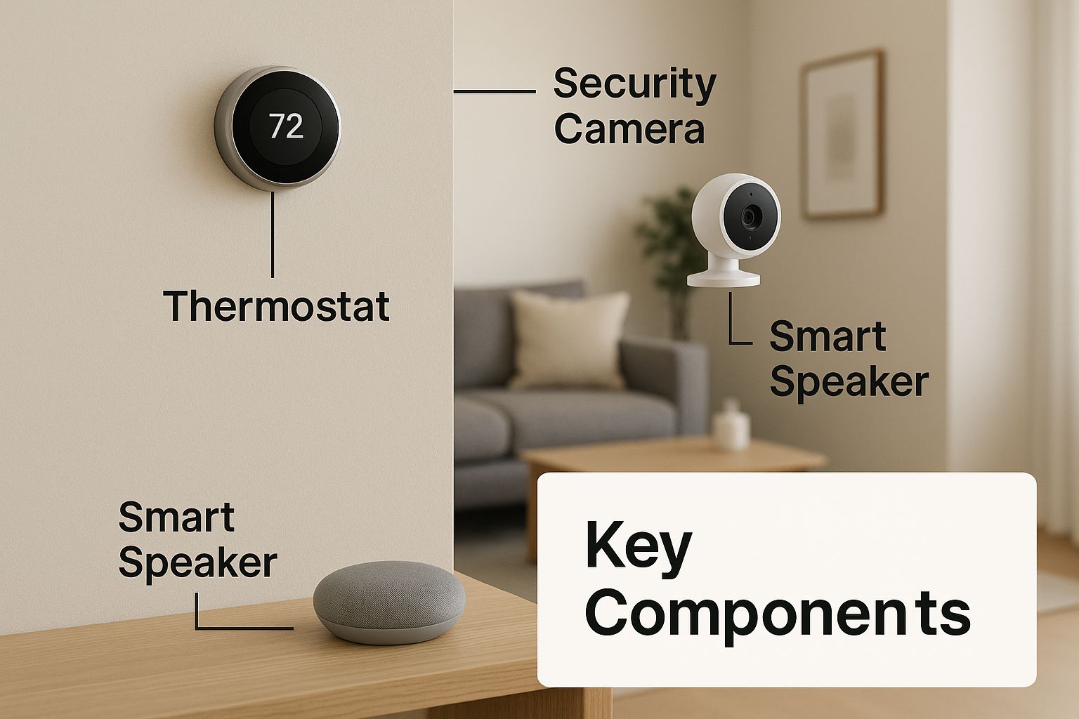 Labelled photo of key components: a wall thermostat set to 72, a security camera and a smart speaker in a living room