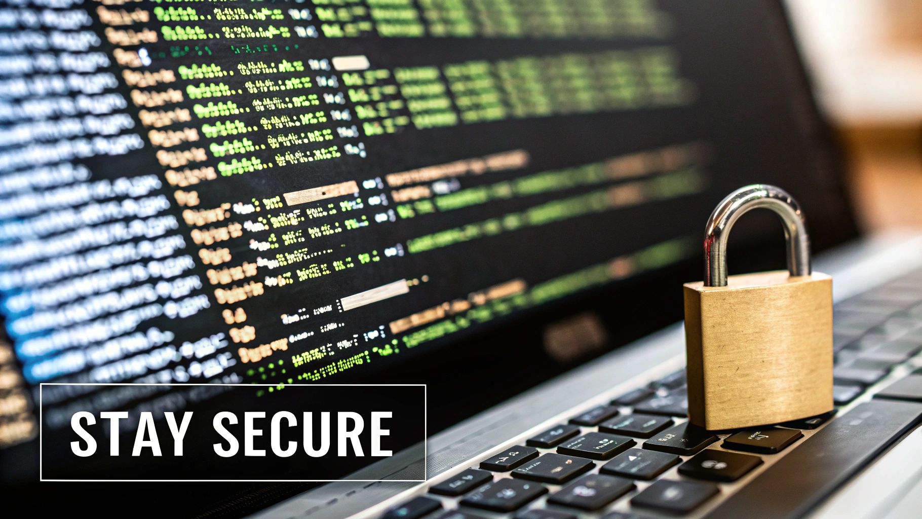 A network security graphic with a padlock and connected smart home devices, symbolizing protection against threats.