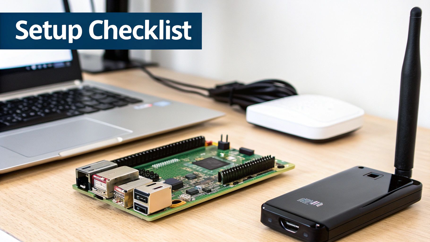 A close-up shot of a Raspberry Pi board with various components visible, symbolizing the start of a tech project.