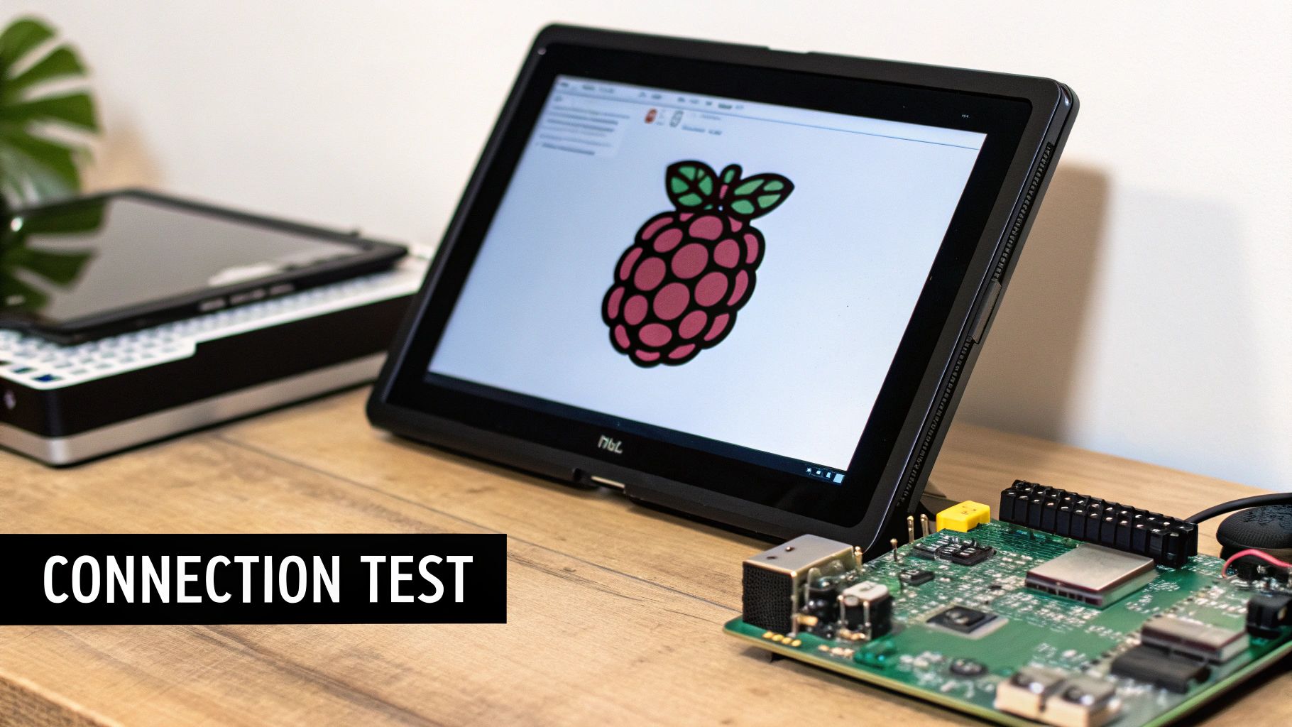 A person’s hands are shown working on a Raspberry Pi, connecting wires and components, illustrating a hands-on troubleshooting process.