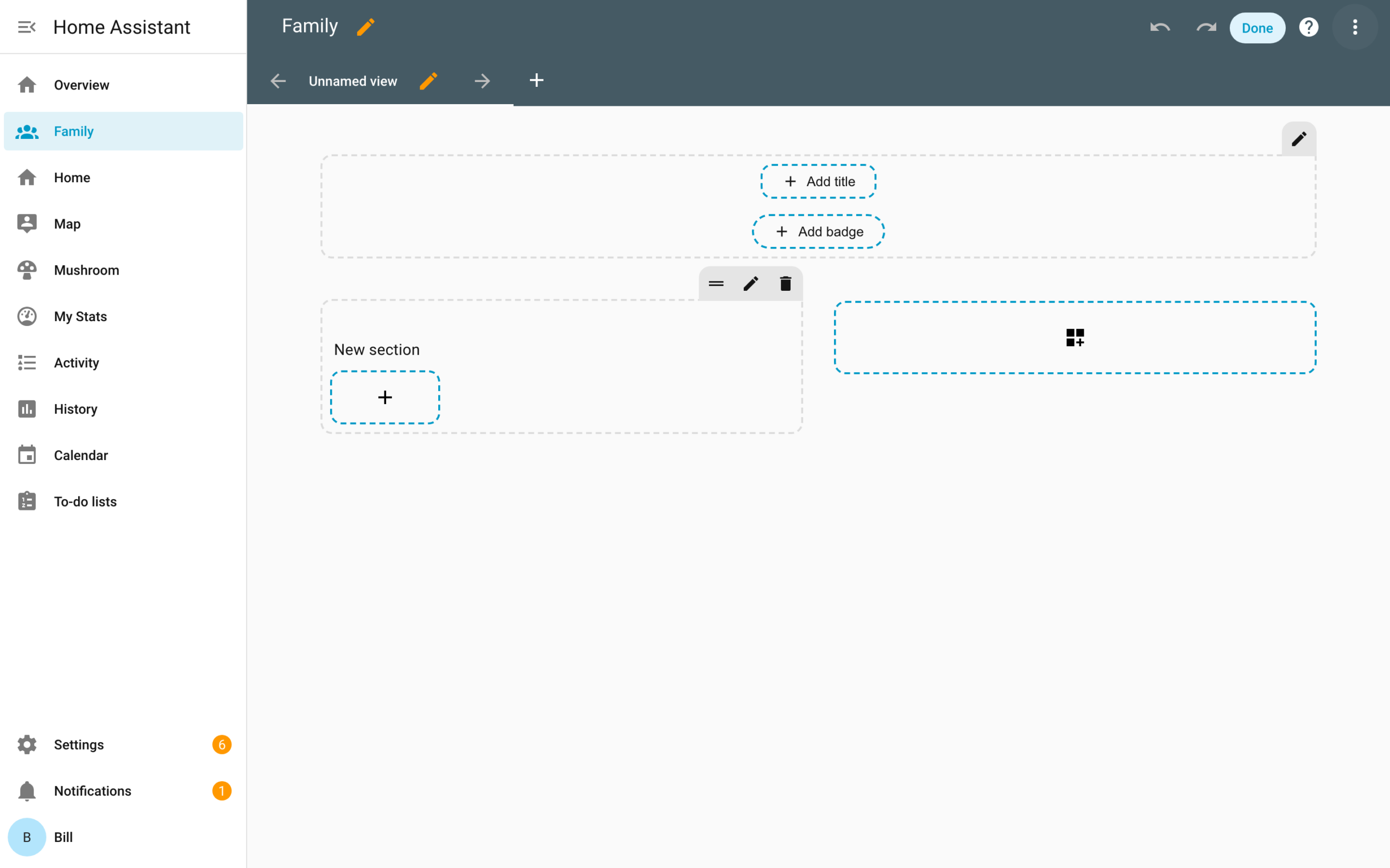 A brand-new empty Home Assistant dashboard in edit mode, ready for its first section