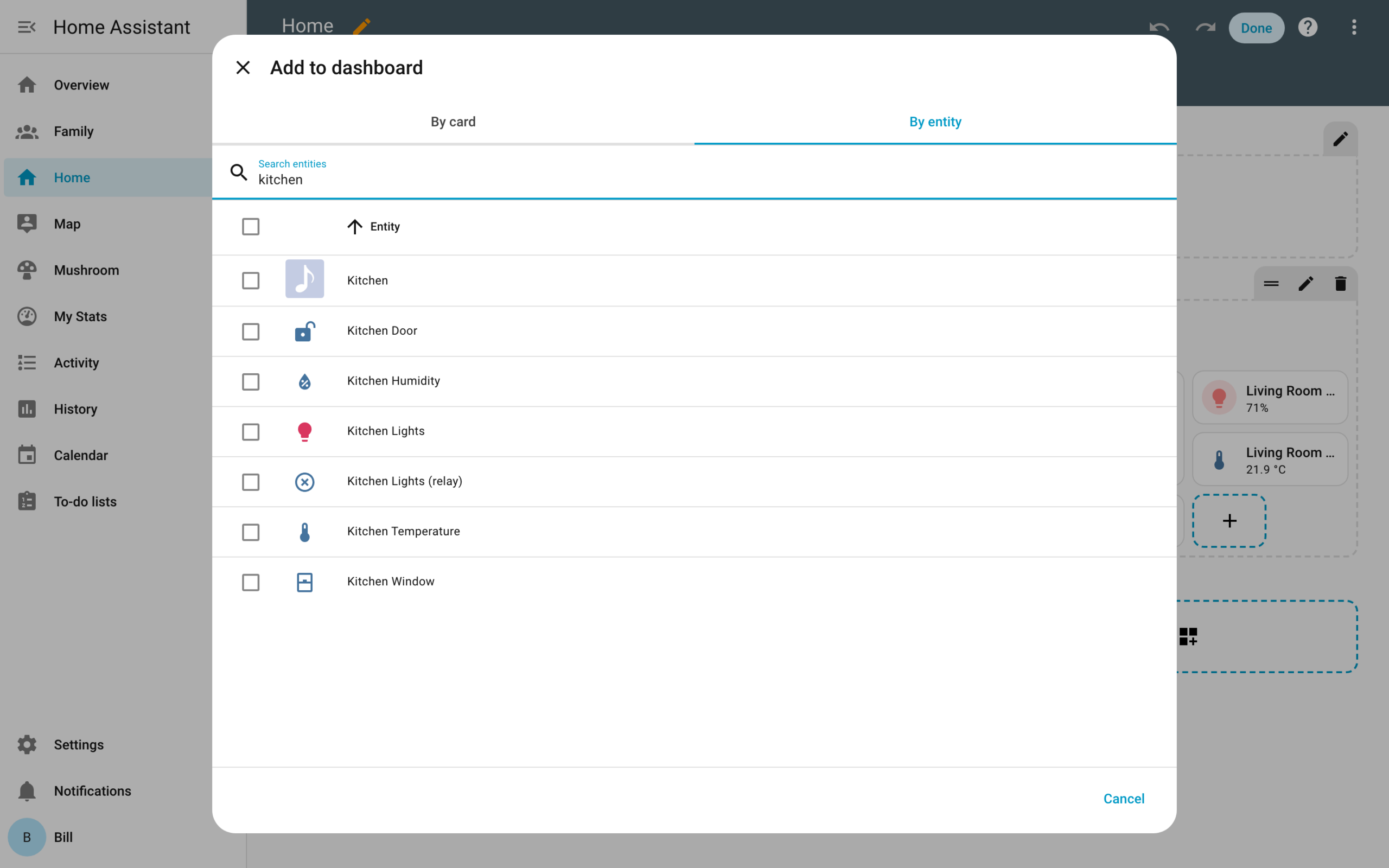 Home Assistant’s card picker suggesting kitchen entities as you type